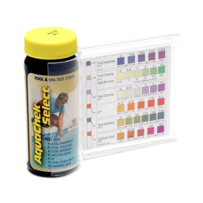 Aquachek bandelettes test 7 fonctions : dureté totale. chlore total. brome total.chlore libre. pH. alcalinité totale. stabilisant x50
